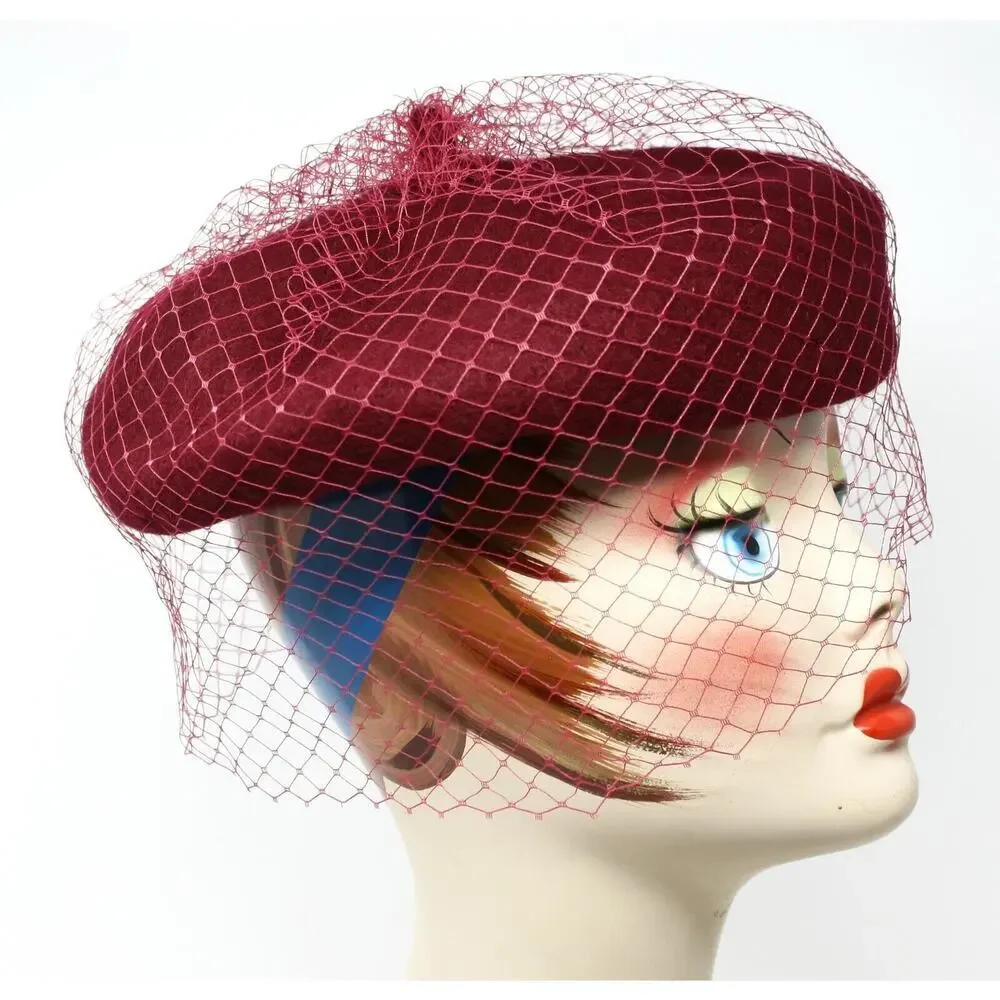 Burgundy Wool Felt Beret w Veil Netting Church Party Retro Style Hat - Hey Viv